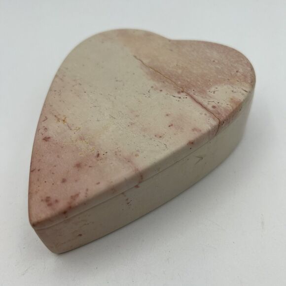 Heart Raspberry Alabaster Pink Trinket Jewelry Box Hand Carved Lid 5" Valentine - Picture 1 of 3